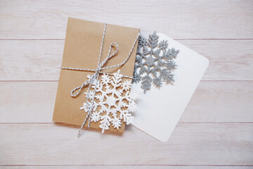 Winter holiday card set with Christmas decorations on background white wooden table. winter greeting.