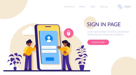 Sign in page interface concept. User login form, UI, new account registration. Protection information. Modern flat illustration.