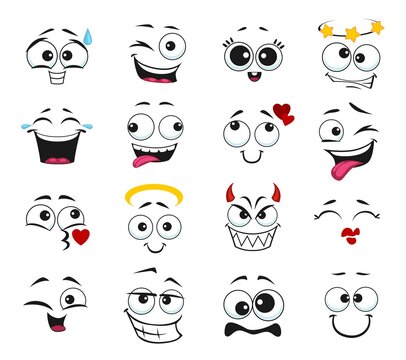 Face expression isolated vector icons, funny cartoon emoji laughing and smile. Facial feelings, emoticons kissing, happy and show tongue, angel, demon and head dizzying, dreaming, fall in love, set