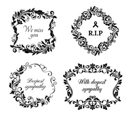 Funeral cards, vector vintage condolence floral wreaths, ornament with flourishes and obituary typography. Retro frames, obsequial memorial, funeral sorrowful borders or necrology monochrome templates