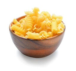 Bowl with tasty pasta on white background