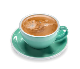 Cup of hot espresso on white background