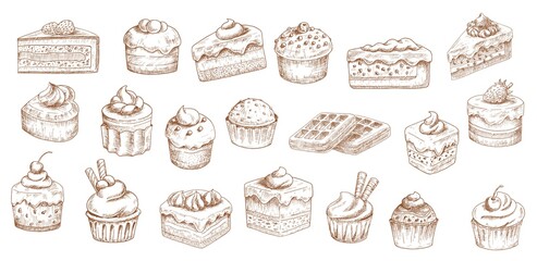 Cakes sketch icons, pastry desserts, bakery sweets, vector hand drawn. Bakery and pastry shop sweet chocolate cakes, patisserie sweet dessert cheesecakes, tiramisu, brownie cupcake and waffles