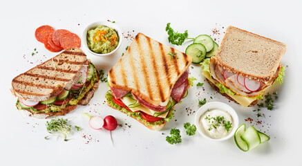 Fototapeta Trio of gourmet sandwiches on assorted bread obraz
