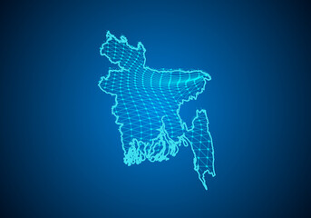 Abstract digital map of bangladesh with particles dots and line. polygonal network business. Wireframe landscape background. Big Data. 3d futuristic. Global network connection.