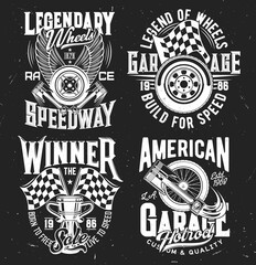 Obraz premium Car rally tshirt prints with vector checkered flag, vehicle wheel and parts, champion winner goblet, white typography on black grunge background. Racing and motorsport championship race t shirt prints