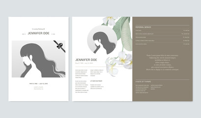 Floral memorial and funeral invitation card template design, Plumeria flowers, brown tone