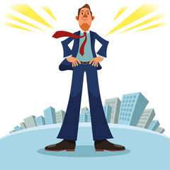 A smiling businessman standing above the city skyline. Concept of success, hope, confidence.  Vector illustration in flat cartoon style.