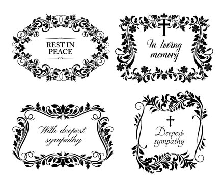Funeral cards, vector vintage condolence floral wreaths, ornament with flourishes and obituary typography. Retro frames, obsequial memorial, funeral sorrowful borders or necrology monochrome templates