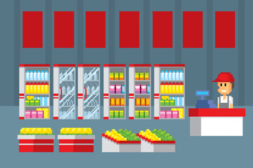 Supermarket interior. Pixel art. Old school computer graphic. 8 bit video game. Game assets 8-bit sprite. 16-bit.