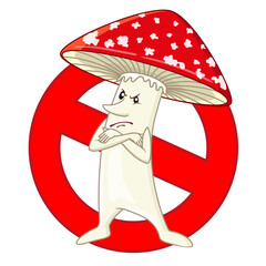 Vector illustration Bright red Spiteful fly agaric. Emotional character in a cartoon style. Poisonous mushroom, danger of poisoning