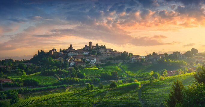 Neive village and Langhe vineyards, Piedmont, Italy Europe.