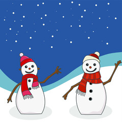 Set of cute snowman cartoon character vector Happy holiday in snowflakes background. Winter seasonal concept element