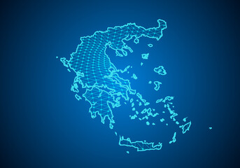 Abstract digital map of greece with particles dots and line. polygonal network business. Wireframe landscape background. Big Data. 3d futuristic. Global network connection.