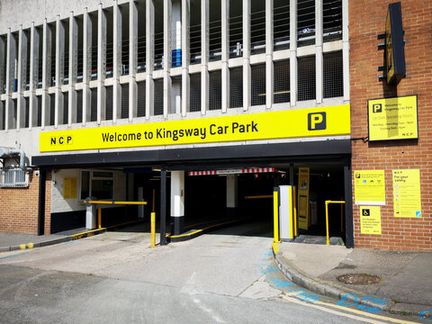 Swansea, UK: August, 2019: The NCP - National Car Parks - company logo above the entrance to one of their multi-storey car parks. Is the largest and longest-standing private car park operator in UK. 