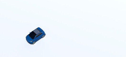 Solar Powered Blue City Car Isolated Against White, Wide Shot. CGI Rendering, Stock Image.
