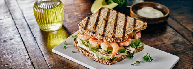 Seafood sandwich with shrimps or prawns