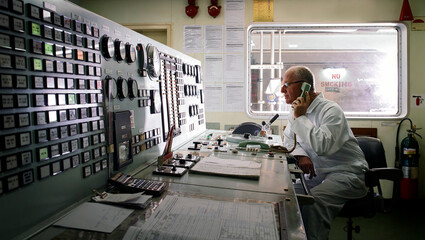 Senior engineer taking phone instructions whilst monitoring controls in ship's engine room.