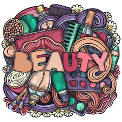 Colorful hand-drawn cute illustration on the theme of cosmetics. Original art with make up symbols. Female beauty design. Creative vector background
