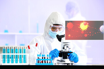 the doctor  is testing the example corona covid-19 blood by microscope in lab