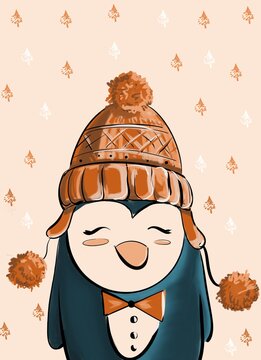 pingvin on the pink background in the orange hat and smile. cartoon hand draw illustration for card, poster, celebration party. happy new year