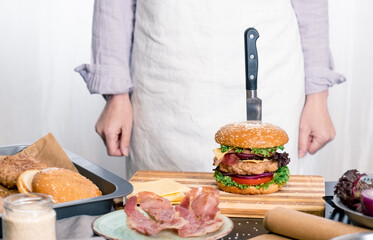 burger cheeseburger hamburger big chif cook cooking white background home