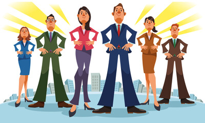Successful business people group standing above the city skyline. Concept of success, hope, confidence, teamwork.  Vector illustration in flat cartoon style.