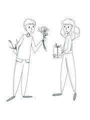 Line art vector illustration. Man and woman give presents to each other. Happy valentines day. Boy and girl in love