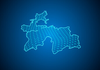 Abstract digital map of tajikistan with particles dots and line. polygonal network business. Wireframe landscape background. Big Data. 3d futuristic. Global network connection.