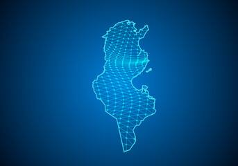Abstract digital map of tunisia with particles dots and line. polygonal network business. Wireframe landscape background. Big Data. 3d futuristic. Global network connection.
