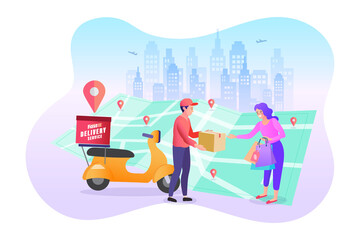 E-commerce concept, Fast delivery by scooter on map, Online food order infographic. Webpage, app design. Isolated vector.
