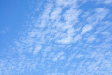 Fototapeta na wymiar Upward view of white fluffy clouds on vivid blue sky