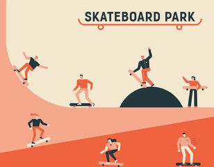 People enjoying boarding in a skateboard park. flat design style minimal vector illustration.