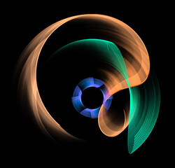 Wavy orange, green and blue planes intersect and rotate on a black background. 3d rendering. 3d illustration. Logo, icon, sign, symbol. Graphic design element.