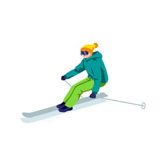 Boy riding on skis on snow slope. Skier character in goggles and ski suit skiing in mountains. Winter sports on holidays cartoon vector illustration isolated on white background