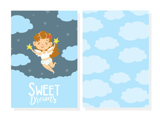 Sweet Dreams Card Template, Adorable Smiling Girl Angel Flying in Sky, Invitation, Greeting Card Cartoon Vector Illustration