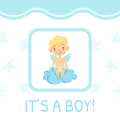 It is a Boy Cute Baby Card Template with Adorble Boy Angel, Invitation, Greeting Card Design Cartoon Vector Illustration