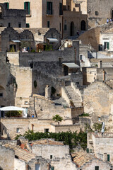 View of the Sassi di Matera a historic district in the city of Matera, well-known for their ancient cave dwellings. Basilicata. Italy