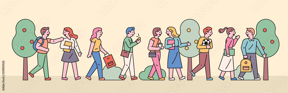 Canvas Prints students going to school. horizontal banner concept. flat design style minimal vector illustration.