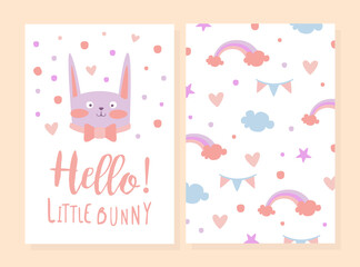 Hello, Little Bunny Card Template, Cute Invitation, Greeting Card in Pastel Colors Cartoon Vector Illustration