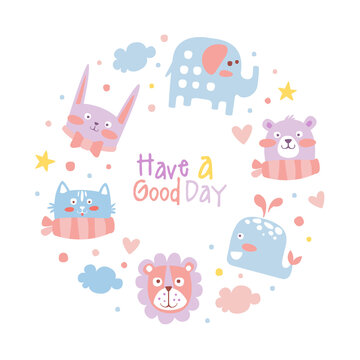 Have a Good Day Card Template with Cute Baby Animals, Poster, Banner, Invitation, Greeting Card in Pastel Colors Cartoon Vector Illustration