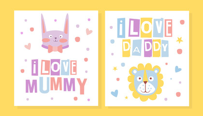 I Love Mummy, I Love Daddy Card Template, Cute Greeting Card in Pastel Colors with Adorable Animals Cartoon Vector Illustration