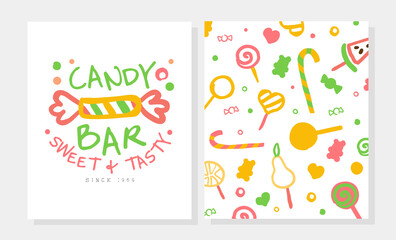 Candy Bar Card Template with Tasty Sweets Seamless Pattern, Candy Shop, Cafe, Confectionery Design Cartoon Vector Illustration