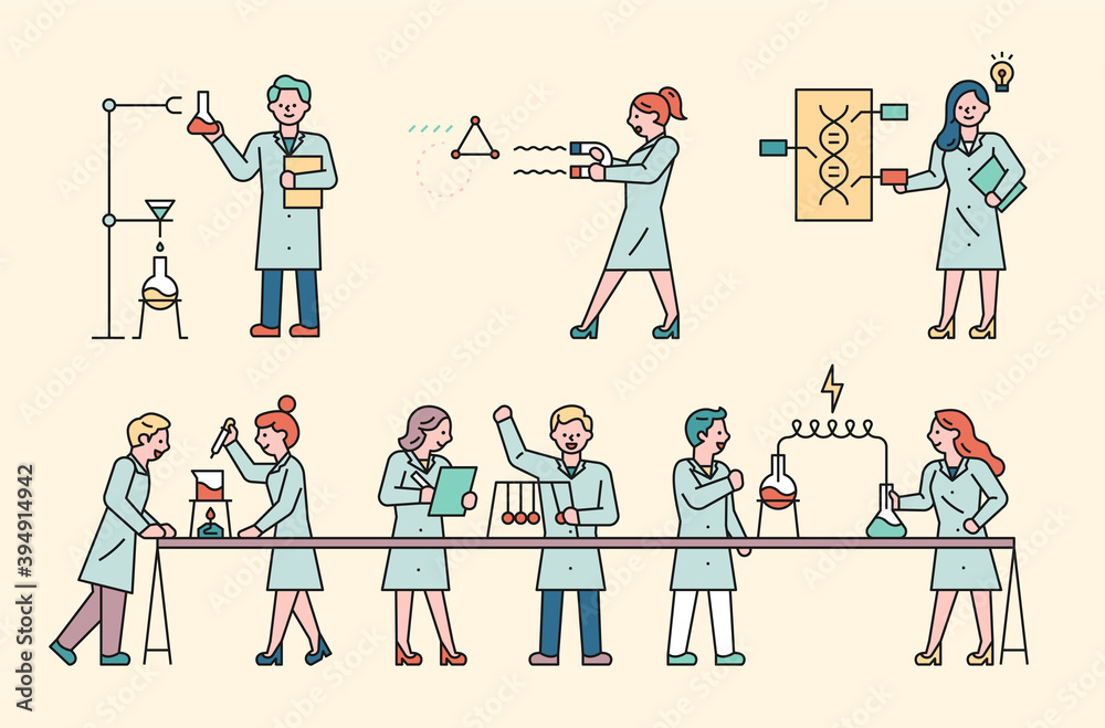 Wall mural cute scientists doing experiments in the lab. flat design style minimal vector illustration.