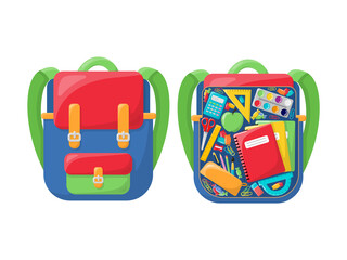 Writing materials inside the school backpack. Bright and colorful backpack. In the style of a cartoon. Isolated on a white background. A set of school supplies. Student backpack with lunch and