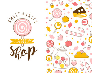 Candy Shop Card Template with Tasty Sweets Seamless Pattern, Bar, Cafe, Confectionery Design Cartoon Vector Illustration