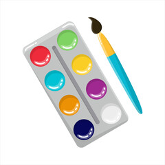 Watercolors with a brush. Accessories for creativity and painting. A set of paints in different colors. Isolated on a white background.