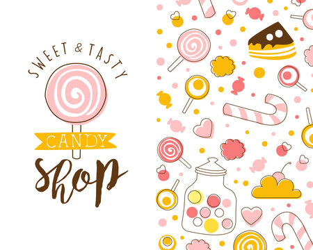 Candy Shop Card Template with Tasty Sweets Seamless Pattern, Bar, Cafe, Confectionery Design Cartoon Vector Illustration - Powered by Adobe