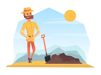 Man Archeologist Digging Soil, Scientist Character Working on Archeological Excavations Cartoon Vector Illustration - obrazy, fototapety, plakaty