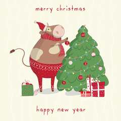Cute vector bull decorate the Christmas tree with toys.New Year's and Christmas greeting cards.
